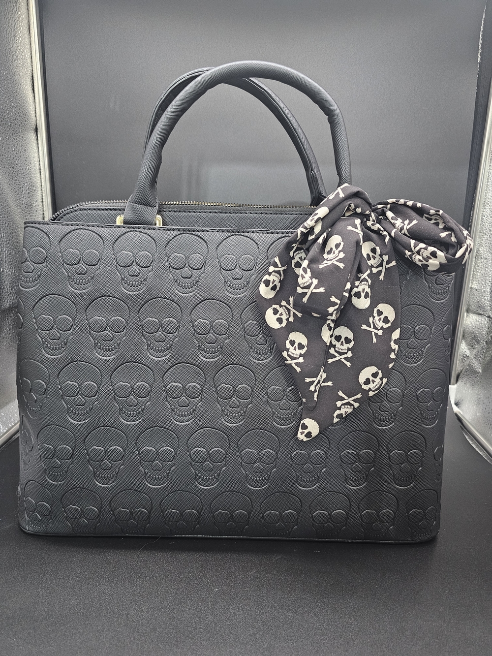 Betsey Johnson Black Embossed Skull Satchel with Skull-Print Scarf